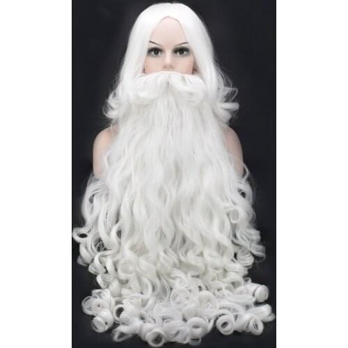 Anime Christmas Cosplay Wig Beard Santa Claus White Curly Long Synthetic Hair Heat Resistance + Wig Cap