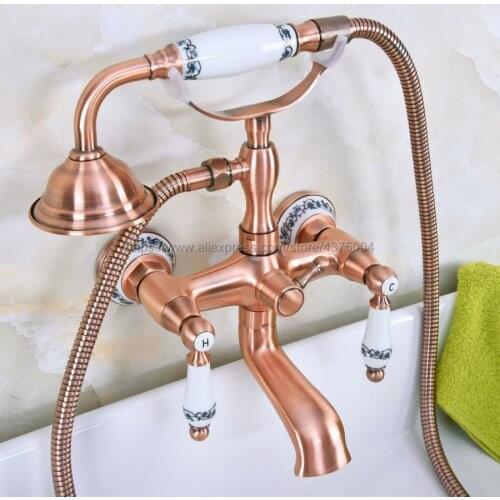 Antique Red Copper Bathroom Clawfoot Bath Tub Faucet Mixer Tap Ceramic Handle Hand Shower Head Nna330