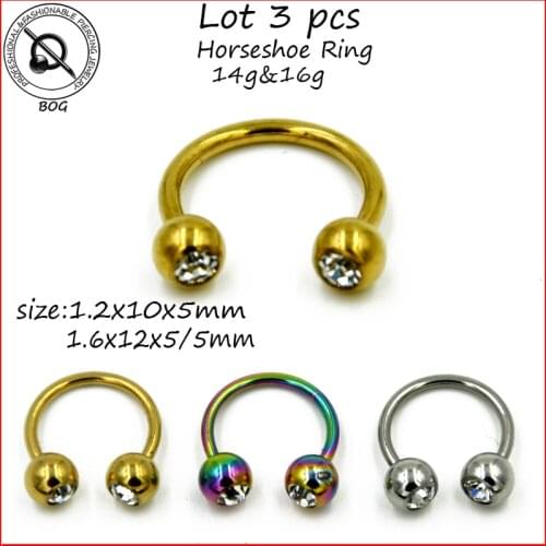 BOG-3pcs Horseshoe Circular Barbell Gem Balls 16g&14g Steel Nose Lip Nippe Ear Helix Cartilage Lip Piercing Body Jewelry