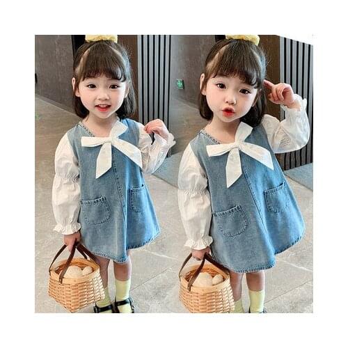 Childrens Girls Autumn Dress 2021 New Baby Princess Dress Korean Girl Denim Dresses Toddler Girl Fashion Cowboy Patchwork Dress