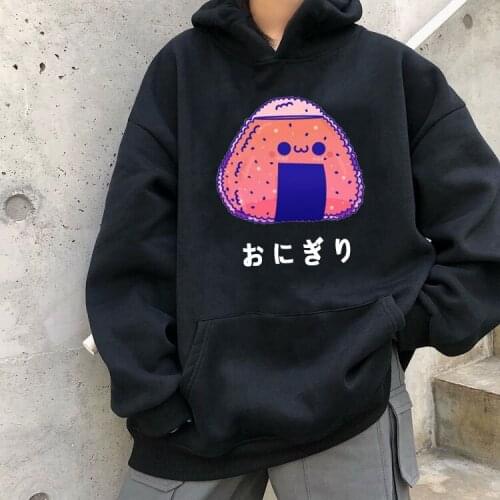 Kawaii Womens Hoodie Top Long Sleeve Pocket Sweatshirt Japanese Rice Ball Print Plus Velvet Womens Autumn and Winter Hoodie
