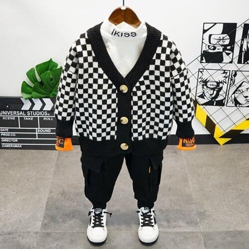 Kids Winter Suits New Arrival Baby Boys Korean Sweater Sets Plaid Sweater Cardigan Cargo Pants Tshirt 3 Pcs Set For Boy 3-8 Y