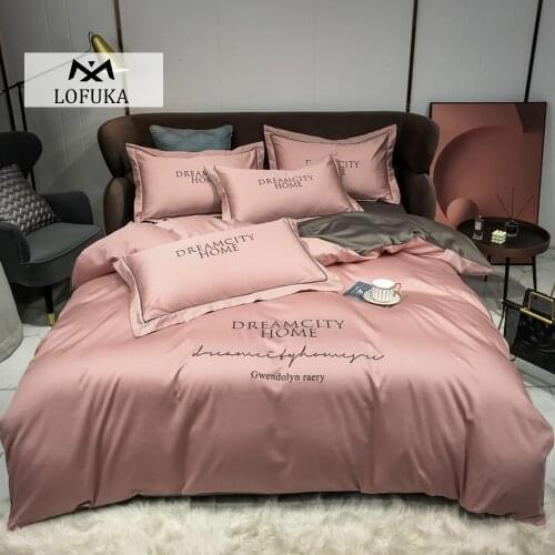 Lofuka Women 100% Cotton Pink Bedding Set Premium Long-staple Cotton Queen King Quilt Cover Set Bed Sheet Pillowcase For Bed