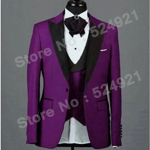 Newest Groomsmen Purple Groom Tuxedos Peak Black Lapel Men Suits Wedding Best Man Blazer ( Jacket+Pants+Vest+Tie ) C458