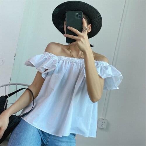 New Women Elegant Slash Neck Solid Shirts Casual Fashion Blouse Ladies Chic Ruffles Femininas Shirts Tops Plus Size M-7XL