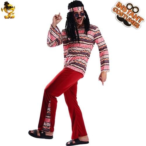 New Design Cosplay Men Hippie Costume Halloween Adult Flower Power Hippie Stage Disco Rock Performance Costume