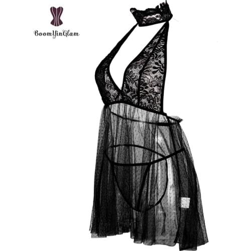 Transparent Erotic Costumes Night Wear Halter Neck Women Underwear Floral Lace Top With Thong Sexy Lingerie Set 1021