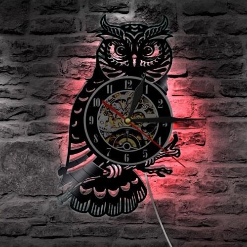 Night Owl Retro Vinyl Record Wall Clock Animals Led Light Color Change Wall Light Remote Controller Wall Art Backlight