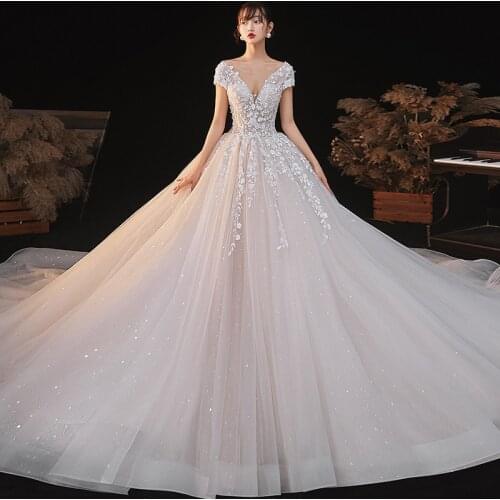 Wedding Dress Deep V-Neck Bling Floral Print Appliques Ruched Ball Gown Simple Short Sleeves Lace Long Women Bride Dresses B083