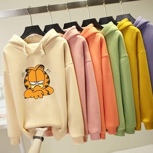 Angry Little Yellow Cat Cartoon Print Warm Kpop Sweatshirt Harajuku Streetwear Pullover Fleece Kawaii Hoodies Women Oversized