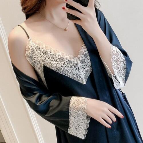 Spring and Autumn New Silk Nightgown Set Comfortable Sexy Lace Sling Nightdress Bathrobe Summer Woman Pajamas Home Service