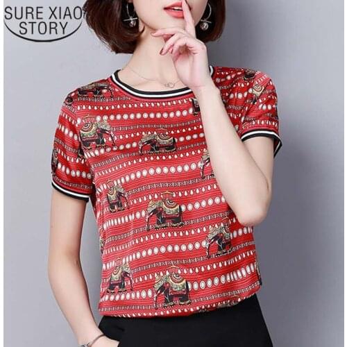 2019 plus size ladies tops chiffon blouse O-Neck harajuku Womens tops blouses fashion shirt Short black and red shirt 3241 50