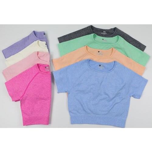 Women Breathable Crop Top Short Sleeve Running Shirts Sexy Seamless Yoga T-Shirts Solid Sports Shirts Fitness Gym Sport Wear