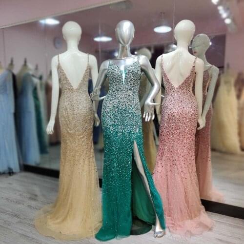 Luxury Emerald Green Rhinestones Long Prom Dresses Mermaid Straps Spaghetti Tulle Beaded Backless Women Party Gown Pageant