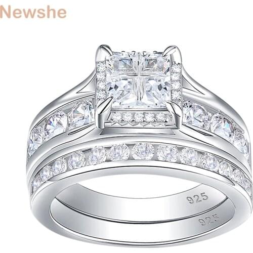 Newshe 925 Sterling Silver Wedding Rings For Women Square Cross Cut AAA Cubic Zircons Promised Bridal Ring Set Jewelry BR0993