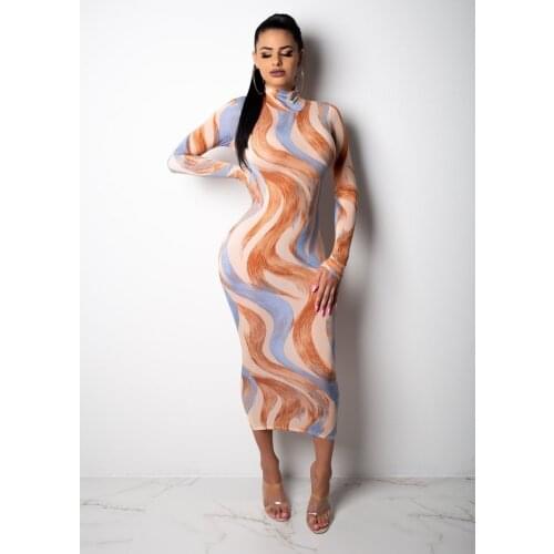 Adogirl Fashion Print Turtleneck Long Sleeve Midi Dress Bodycon Women Casual Dress Night Club Party Outfits