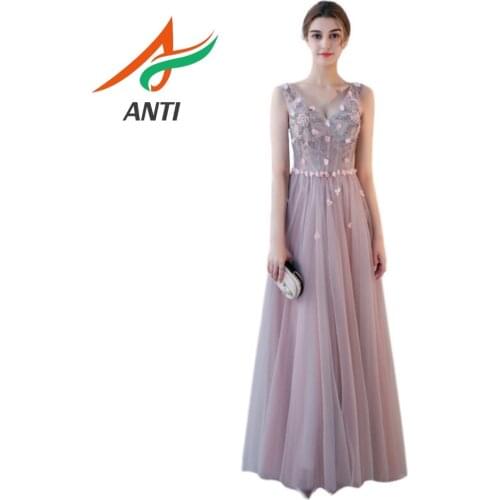 ANTI Illusion Sleeveless Tulle A-Line Pink Evening Dress 2019 Beading Crystal Pearls Flowers vestidos de festa Longo Formal Gown