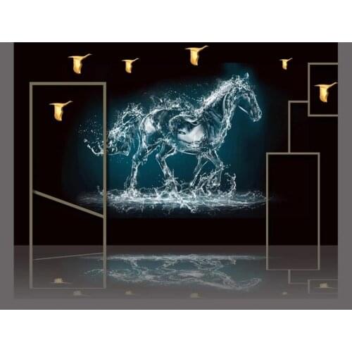 Customized large-scale 3D mural wallpaper water horse black background gold bird TV background wall