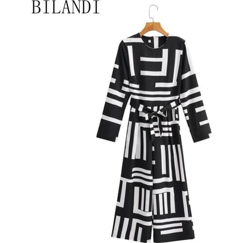 DOUJILI 2021 Elegant Dress Popular Round Neck Long Sleeve Black White Geometric Printing With Belt Fashion Ladies Dresses