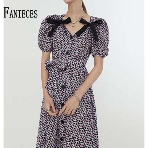 FANIECES France Retro Print Long Dresses Women Summer Puff Sleeve Single Breasted Dress With Bowknot Casual Holiday Vestidos
