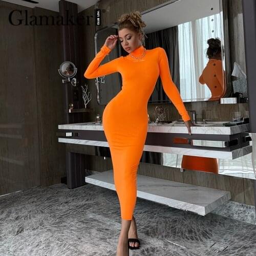 Glamaker Fluorescent orange party bodycon midi dress Slim club dinner long sleeve dresses vestidos Turtleneck letter dress new