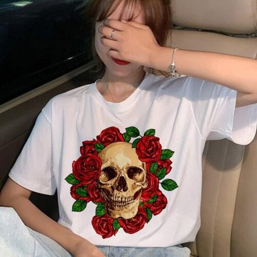 Harajuku women skull flower printing T-shirt summer retro punk T shirt casual fashion streetwear short-sleeved white Tshirt Tops
