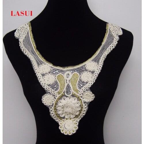 LASUI high quality Handmade ribbon gold thread sequin embroidery flower lace collar especially unique product 0145
