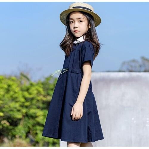 Summer Baby Girl Clothes Shirts Dress Cotton Loose School Student Uniform Children Clothes Button To Knee Skirts for 6-14 Year