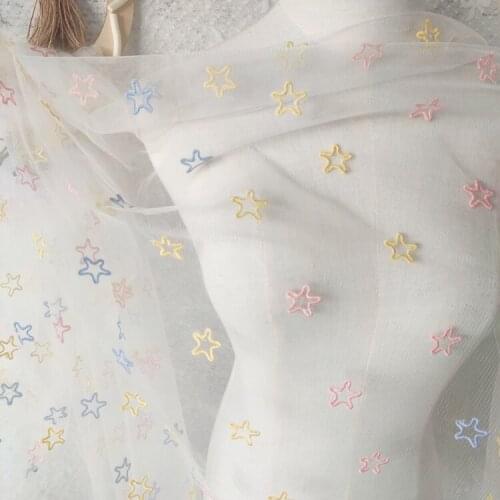 One meter Quality gauze fabric five-pointed star embroidery sewing High end skirt background baby clothes tissus