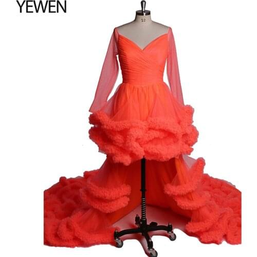Cloud Style Long Sleeves V- Neck Removeble Train Eveing Dress Prom Gown Tulle 2020 YEWEN