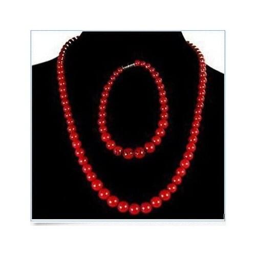 Rare!6-14mm Red Sea Coral Necklace Bracelet 17 1set