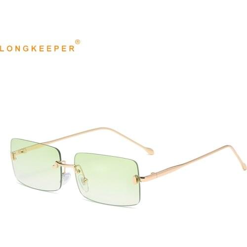 LongKeeper Small Rectangle Sunglasses Women Luxury Brand Rimless Square Sun Glasses Men Retro Metal Green Eyewear Gafas de sol