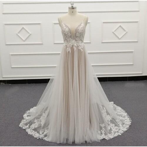 Molanda Hung 2021 Appliques Court Train A-Line V-neck Wedding Dresses Luxury Beaded Backless Bridal Gown vestido de noiva 4529