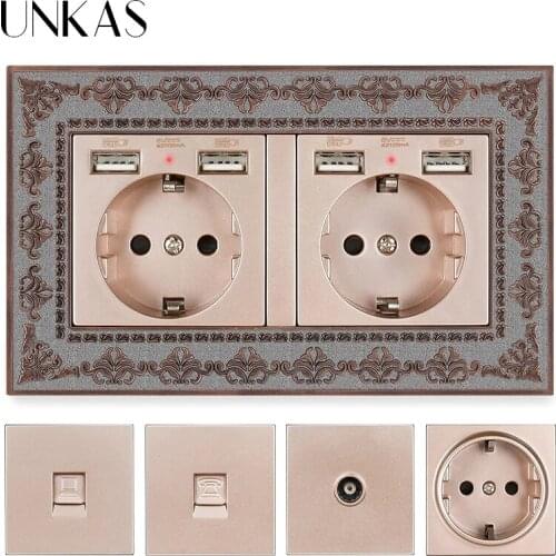UNKAS EU / French Socket With Dual USB Port + TV RJ11 Telephone RJ45 Internet Computer Jack 146mm*86mm Gold 4D Zinc Alloy Panel