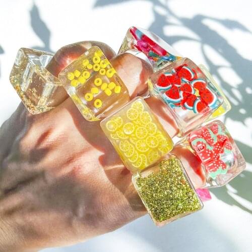 2021 Summer Hot Colorful Square Beads Chunky Resin Rings Female Oversize Transparent watermelon Lemon Thick Rings Jewelry