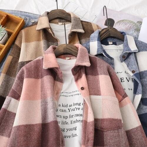 Woman Woolen Plaid Shirts Winter Thicken Fleece Blouses Long Sleeve Lady Oversize Tops Autumn Warm Checked Outwear