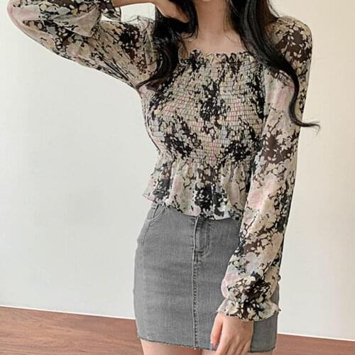 Women Lace Square Neck Long Puff Sleeve Floral Print T-shirt Crop Top Blouse Simple Blouse Female Lady Autumn Fashion Shirt