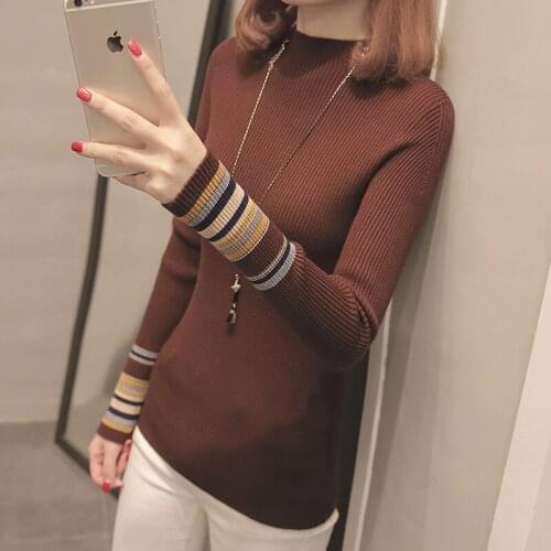Zoki Striped Women Pullover Sweater Fashion Knitted Autumn Female Jumper Casual Korean Half Turtlenck Slim Ladies Base Blouse