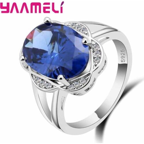 New Fashion Big Bule Cubic Zirconia Lace Decoration 925 Sterling Silver Geometric Ring For Women Female Party Jewelry