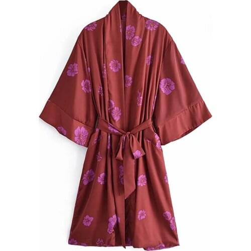 TRAF Za Kimono Woman Summer Red Print Floral Vintage Women Blouse Long Kimono Cardigan Half Sleeve Belt Beach Elegant Blouses
