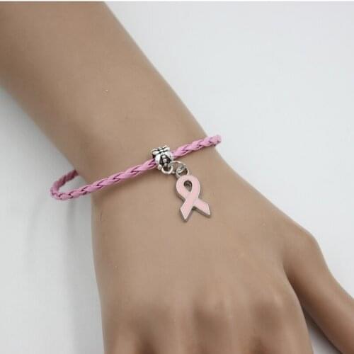 New Arrival Wholesale Breast Cancer Bracelet Pink Ribbon Charm Bracelets Awareness Jewelry for Cancer Center Foundation Gifts