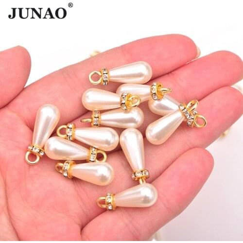 JUNAO 20pc 8x15mm White Pendant Beads Teardrop Pearl Applique Sewing Spacer Loose Beads Sew On Rhinestones for Jewelry Crafts
