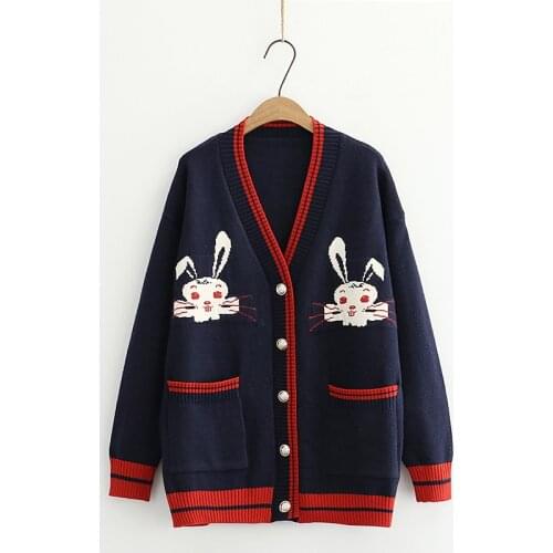 2021 Winter Women Long Knitted Cardigan Warm Soft Jumpers Coat Cartoon Rabbit Embroidery Sweet Style Lady Harakuju Cute Outwear