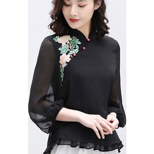 Chinese Style Blouse Women 2020 Button Up Top Embroidery Long Sleeve Kung Fu Shirt Tang Suit Chinese Style Clothing Women 11270