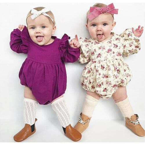 Autumn Infant Toddler Baby Girls Floral Long Sleeve Romper Flying Sleeve Bodysuit Jumpsuit Outfits 0-24M
