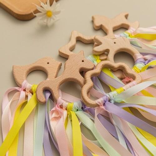 Baby Teether Pendant Natural Wood With Colorful Candy Ribbon Animal Pendant Teething Ring Gift For Infant Baby Chewing