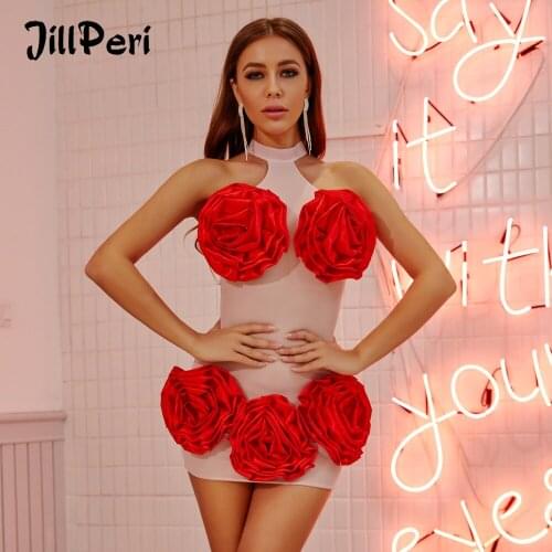 JillPeri Women Structured Red Rose Sexy Party Dress High Stretch Sheath Sleeveless Ultra Short Club Wear Outfit Mini Dresses