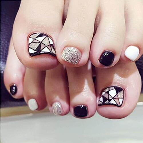 24 Pcs/Set Fashion Foot False Nail Tips Glitter Geometry Printing Women Ladies Fake Toes Nails With Glue Toe Art Tool NE