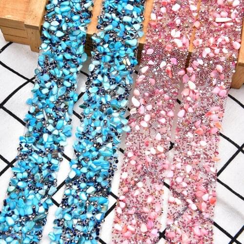 New Arrival 3.5cm Hot Fix Blue Pink Crushed Stone Rhinestone Beaded Trim Tape Iron on Clothing Bags Headband Accessories