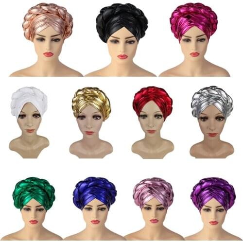 New Design 2021 Auto Gele Headtie Turban Shiny African Women Cap For African Hats Nigerian Turban Gele Best Selling Auto Gele